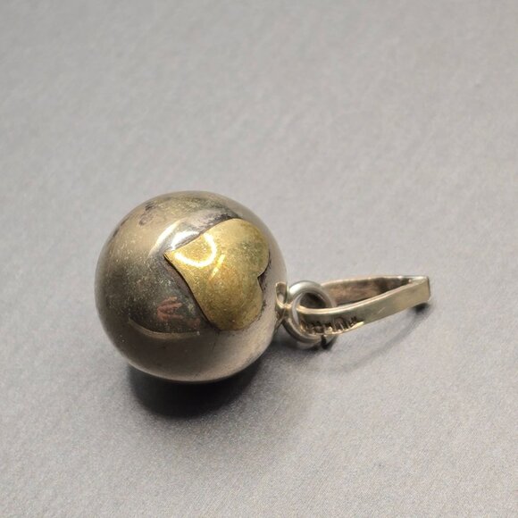 Mexico Jewelry - VTG Sterling Silver & Gold-Tone Heart Bell Pendant Charm 1.25" 12.28g Mexico 925